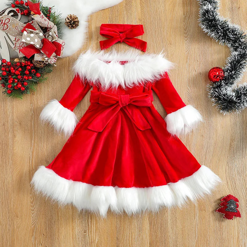 Christmas Dress for Girls (1-7Y) – Santa Claus-Inspired Red Princess Tulle Dress with Long Sleeves and Matching Headband"