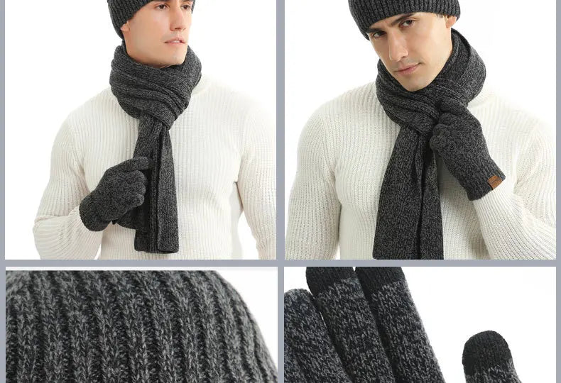 Men's Autumn Winter Keep Warm Set Beanie Gloves Scarf Male Woolen Yarn Knitted Muffler Spring Fall Hat Solid Color Neckerchief