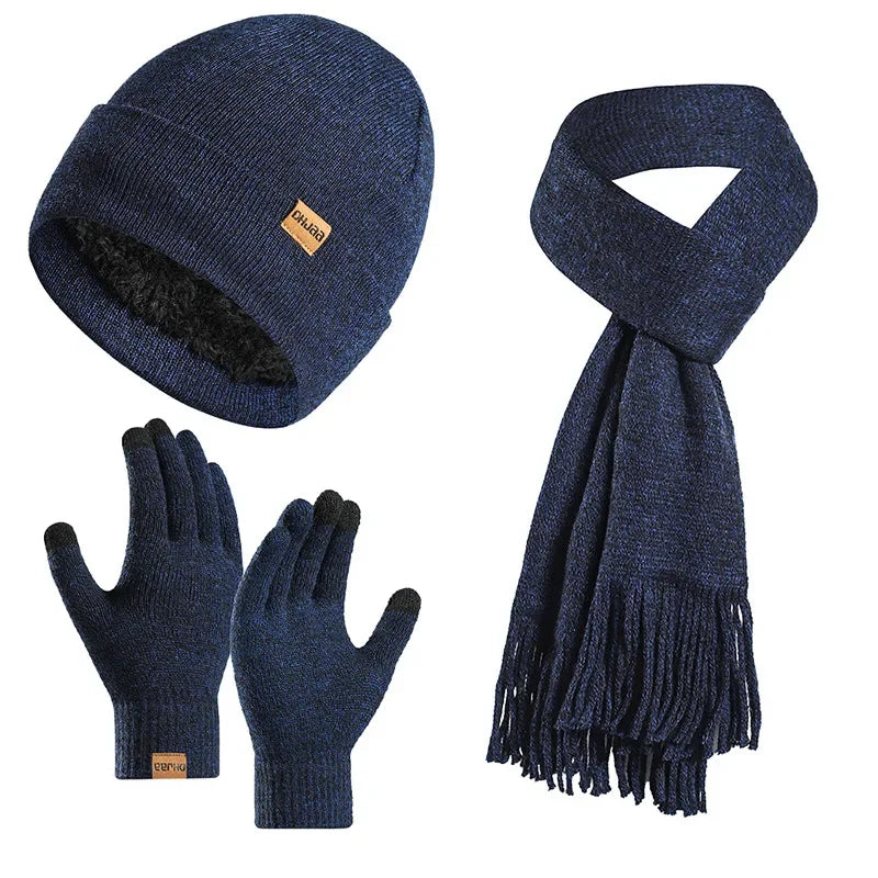 Fashion Plush Knitted Hat, Scarf, Gloves for Men and Women Winter Warm Woolen Yarn Three Piece Set Clothing Accessories Gift