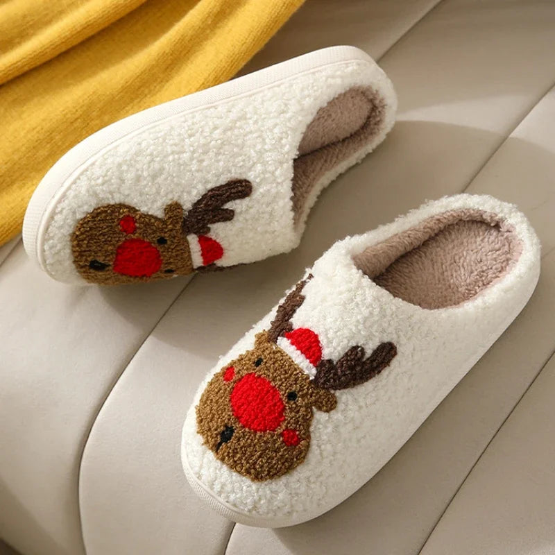 Christmas Elk Cotton Slippers for Couples – Cute Cartoon Non-Slip Indoor Plush Slippers for Women and Men, Warm Winter Floor Slides