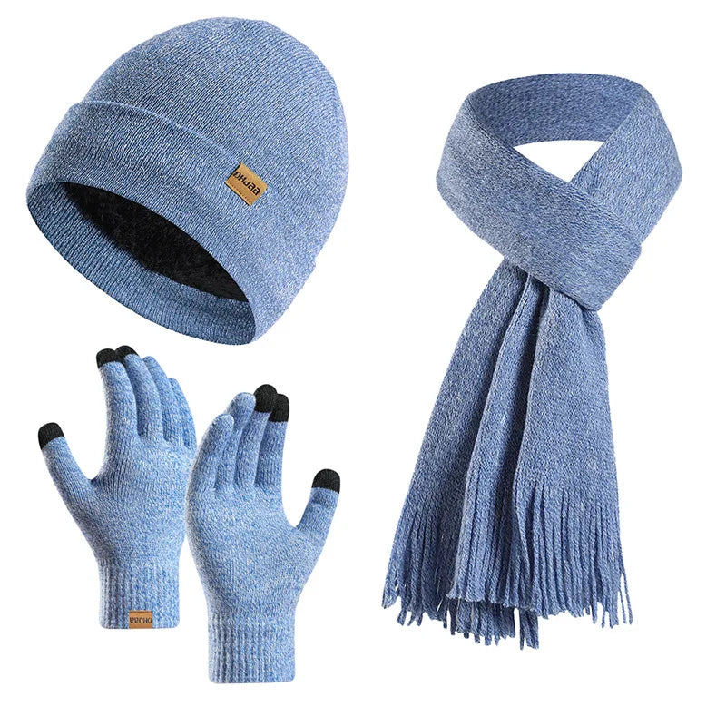 Fashion Plush Knitted Hat, Scarf, Gloves for Men and Women Winter Warm Woolen Yarn Three Piece Set Clothing Accessories Gift