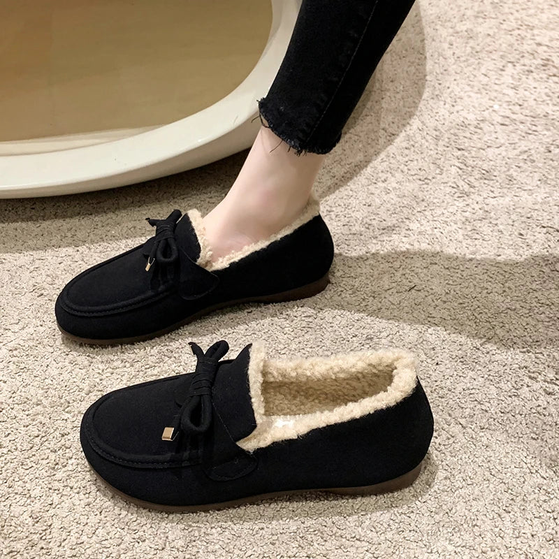 Winter Women Fur Shoes Warm Low Top Suede Furry Flats Loafers Fluffy Home Cotton Shoes Female Casual Comfortable Plush Shoes 41