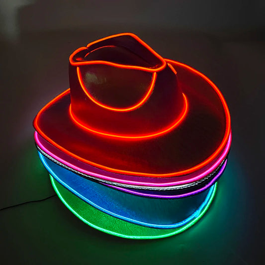 Hot Cowgirl Hat Men and Women's EL Wire Glow Cowboy Hat Wedding Party Supplies Glowing Jazz Hat Stage Shining Caps Photo Props