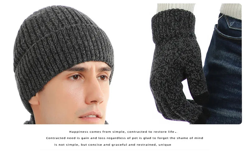 Men's Autumn Winter Keep Warm Set Beanie Gloves Scarf Male Woolen Yarn Knitted Muffler Spring Fall Hat Solid Color Neckerchief