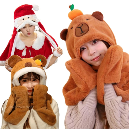 Cartoon High Quality New Capybara Plush Hat Scarf Gloves 3-in-1 Elk Creative Super Soft Warm Christmas Gift For Boys And Girls