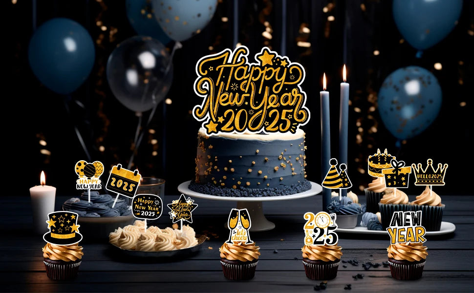 Happy New Year Cake Topper,13pcs Happy New Year 2025 Cupcake Toppers/2025 New Year's Cupcake Toppers&2025 Cake Topper