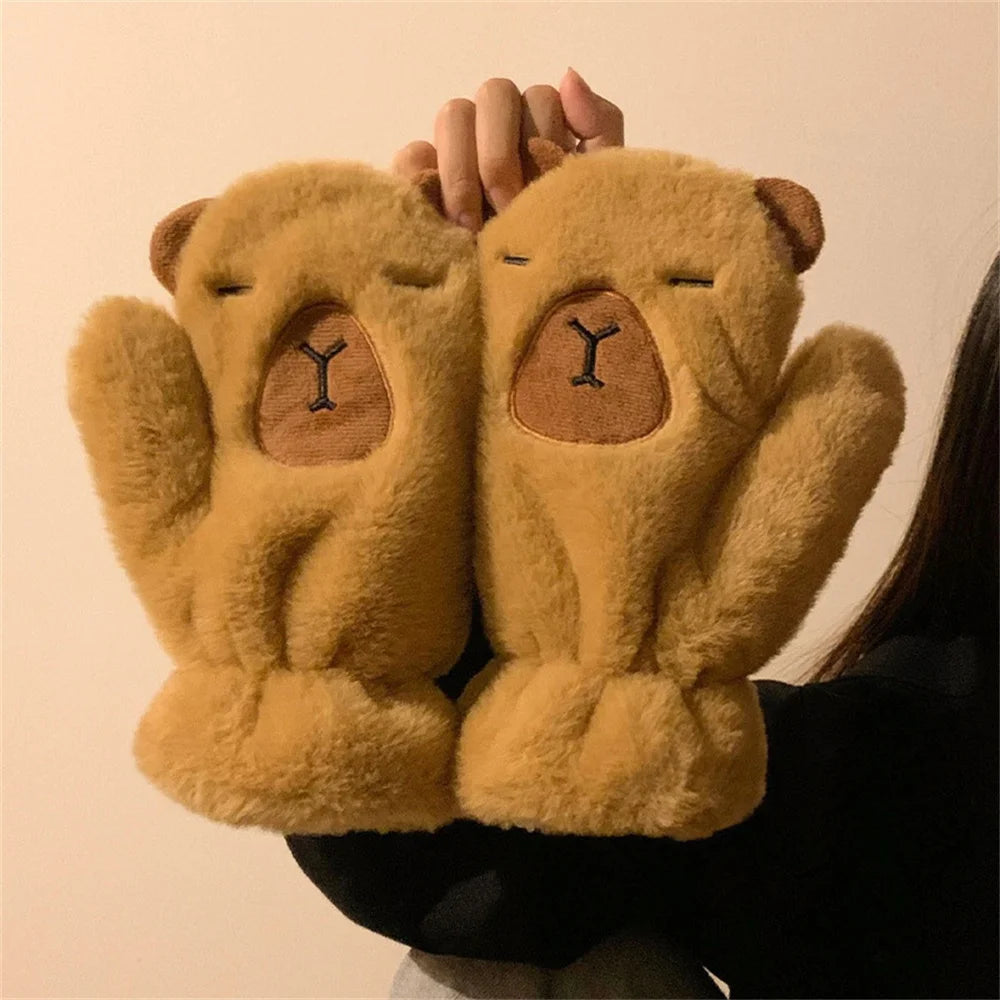 Women Girls Capybara Plush Gloves Fashion Cycling Neck Warmers Neck Scarf Windproof Mittens  Driving Running Accessories