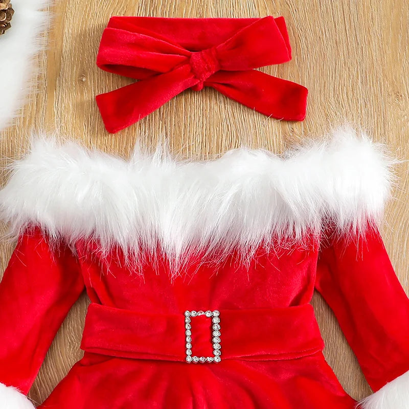 Christmas Dress for Girls (1-7Y) – Santa Claus-Inspired Red Princess Tulle Dress with Long Sleeves and Matching Headband"