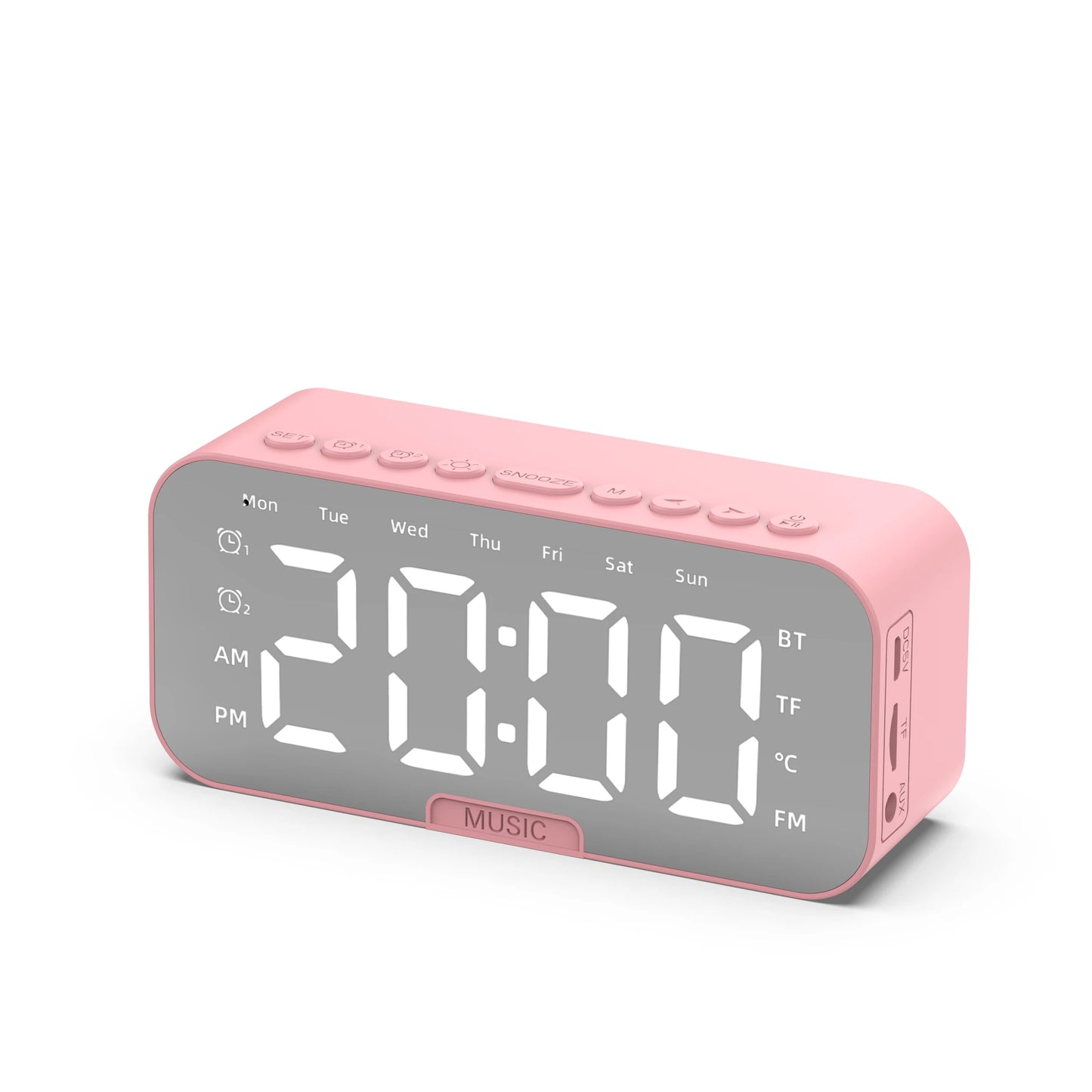 Bluetooth Speaker with LED Mirror Screen Digital Dual Alarm Clock with FM Radio Phone Holder Temperature For Bedroom Office