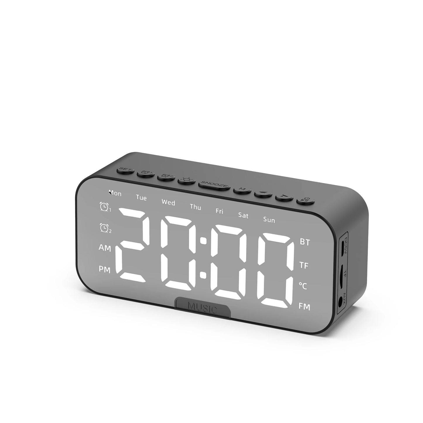 Bluetooth Speaker with LED Mirror Screen Digital Dual Alarm Clock with FM Radio Phone Holder Temperature For Bedroom Office