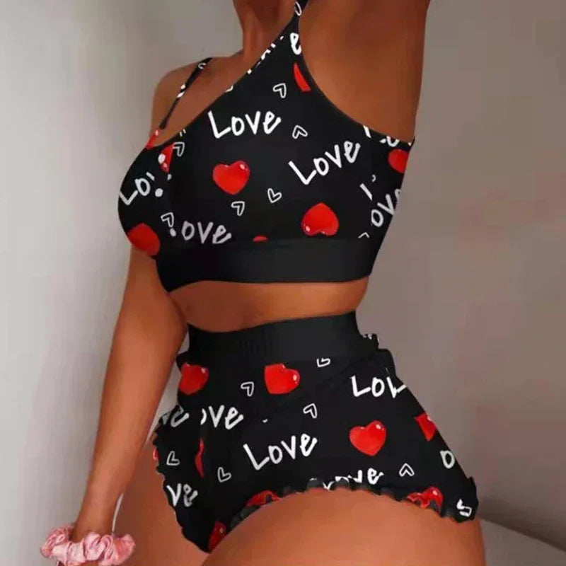 Love Printed Lace Sling Crop Tops and Shorts Summer 2-Piece Pajama Set Women Sleepwear Home Clothes Loungewear Pijamas