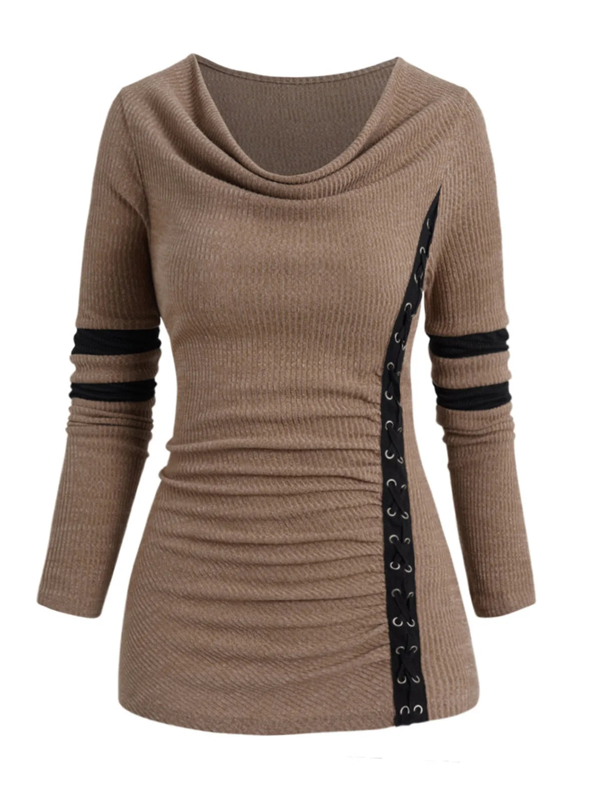 2024 New Women's Christmas Sweater – Cowl Neck Colorblock Knit Top with Lace-Up Detail, Long Sleeve Casual Pullover