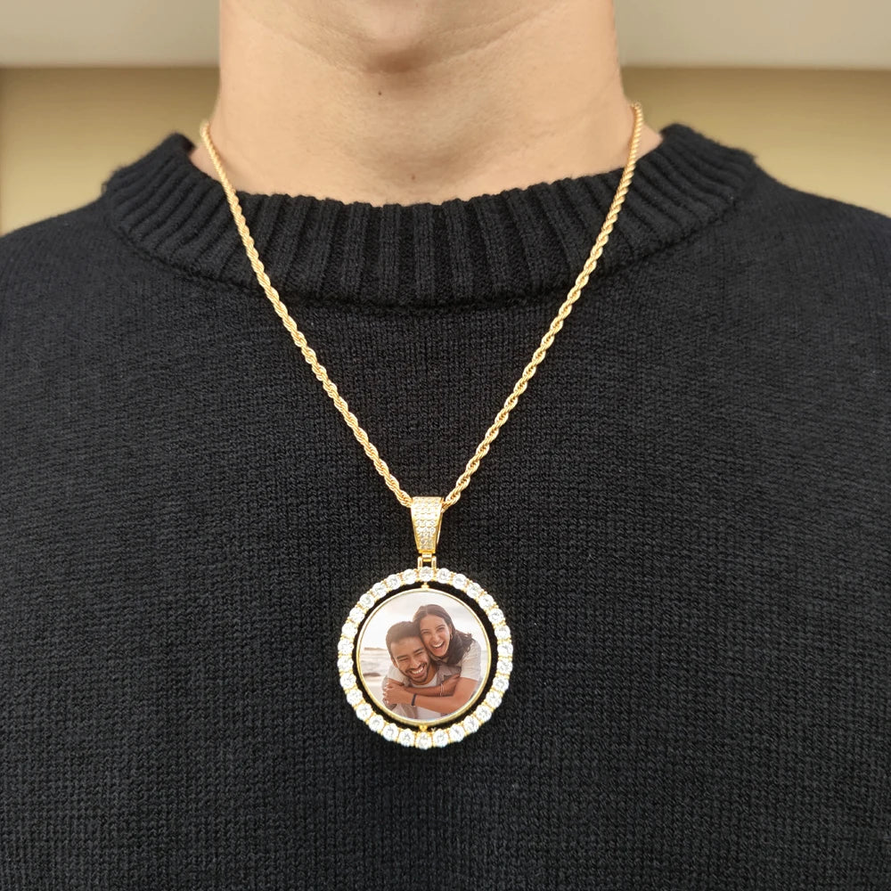 Custom Rotating Double Sides Photo Medallions Pendant Necklace Iced out Circle Photo Chain Pendant Couple Valentine's Day gift