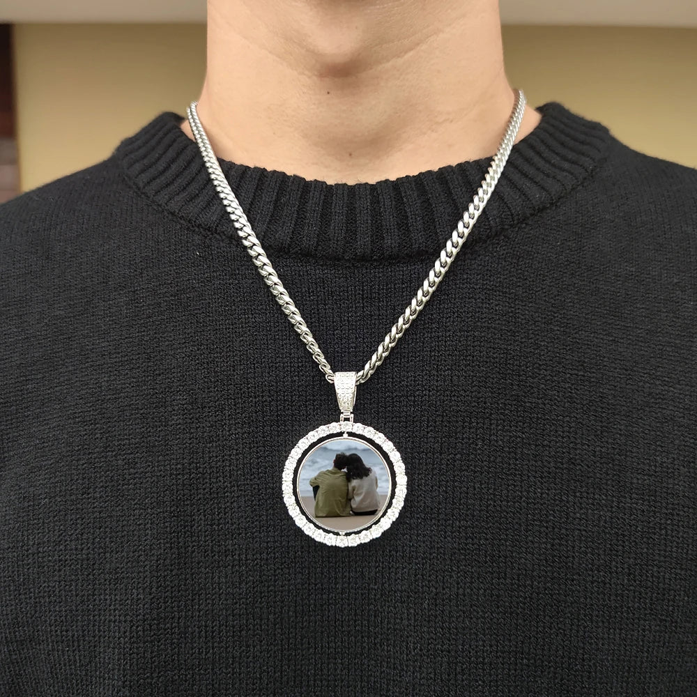 Custom Rotating Double Sides Photo Medallions Pendant Necklace Iced out Circle Photo Chain Pendant Couple Valentine's Day gift