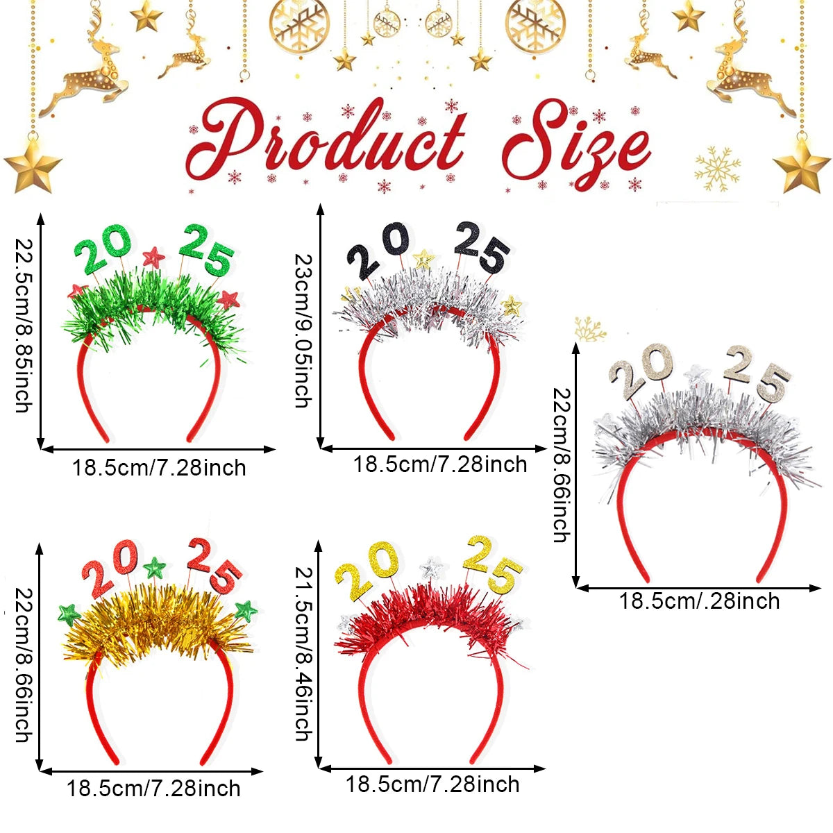 5Pcs Happy New Year Headbands Golden Silver Glitter Sparkles Headwear for 2025 Christmas New Year Eve Birthday Party Supplies