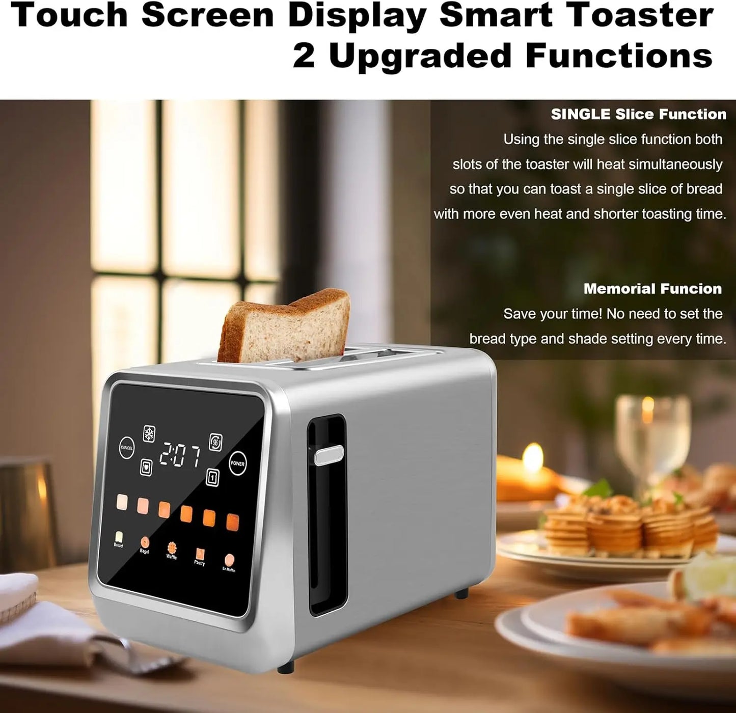 Touch Screen Toaster 2 Slice Bagel Toaster with LCD Display Stainless Steel Smart Digital Toasters with Single Slot Toasting