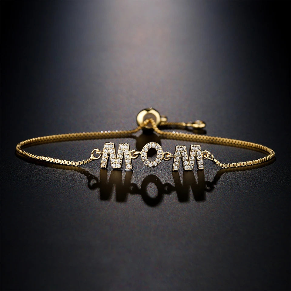 ZAKOL Exquisite Mother's Day Jewelry Gift Mom Letter Sparkling Micropaved Zirconia Gold Color Adjustable Chain Bracelets