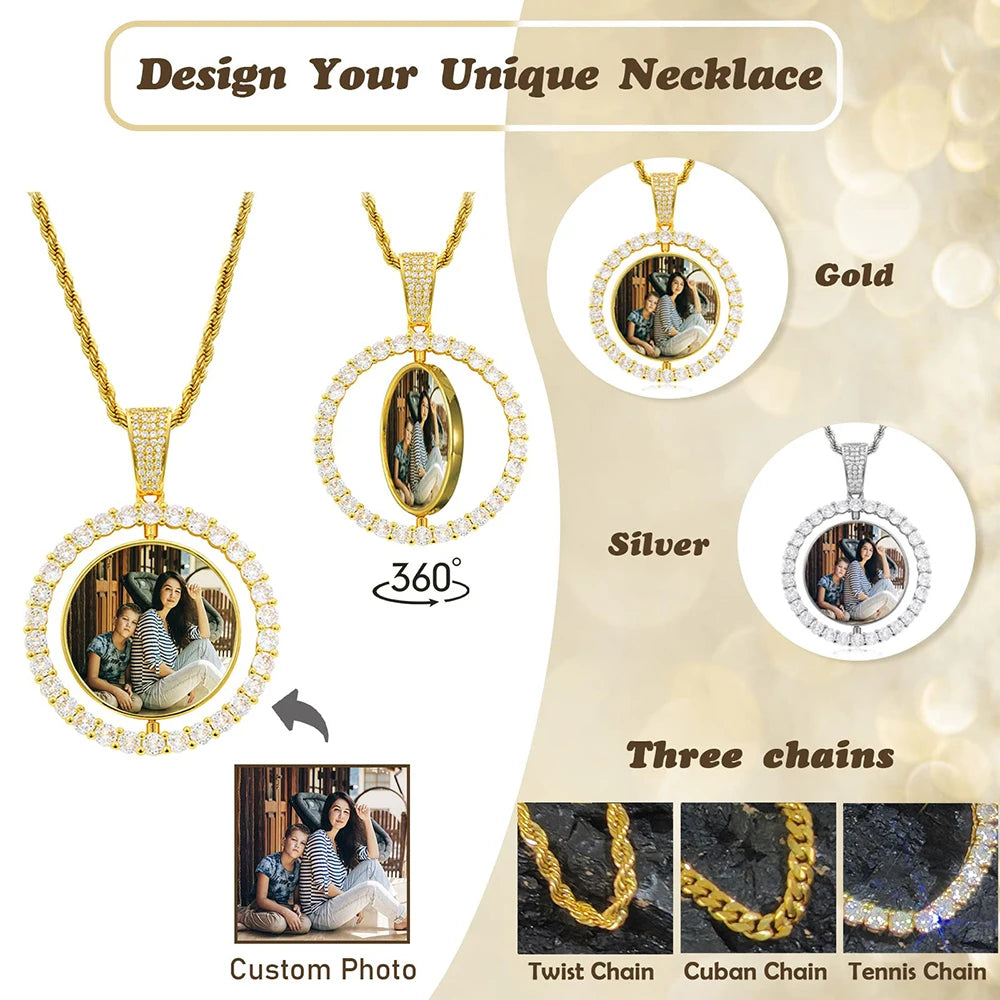 Custom Rotating Double Sides Photo Medallions Pendant Necklace Iced out Circle Photo Chain Pendant Couple Valentine's Day gift