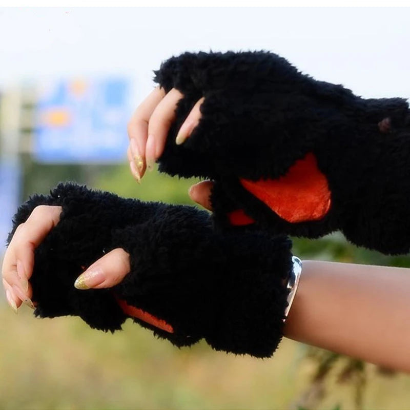 Winter Cat Paw Gloves – Cute Cartoon Open-Finger Design, Thickened Fluffy Bear Paw Half Gloves for Girls, Warm and Cozy