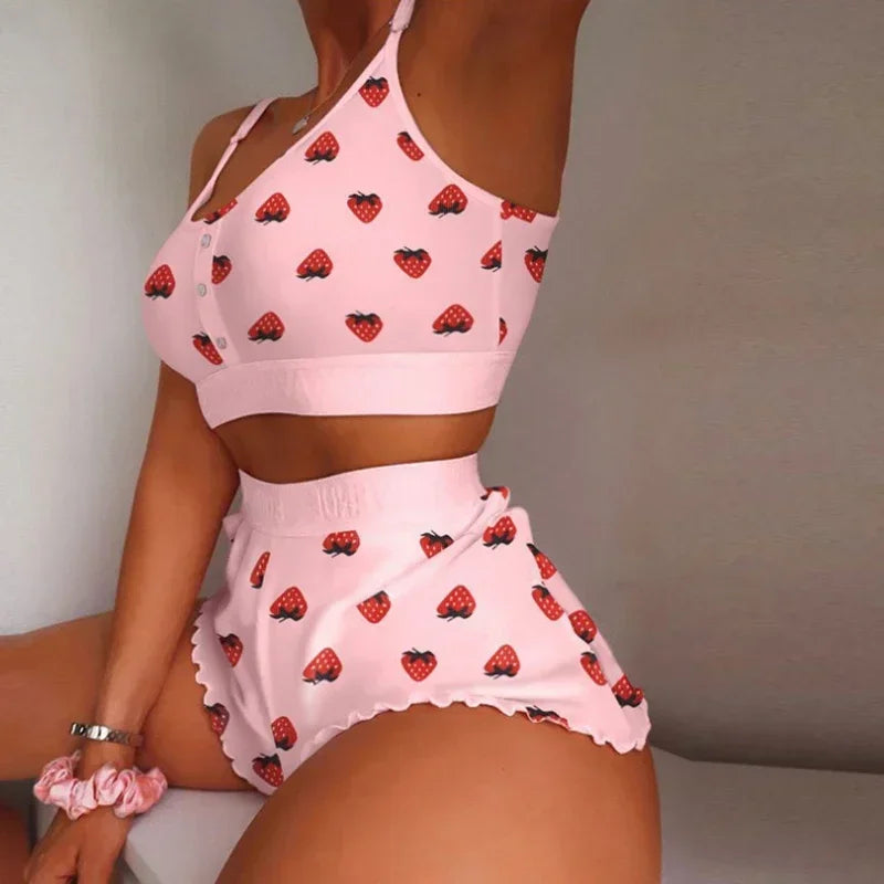 Summer 2-Piece Pajama Set Women Sleepwear Strawberry Printed Lace Sling Crop Tops and Shorts Home Clothes Loungewear Pijamas