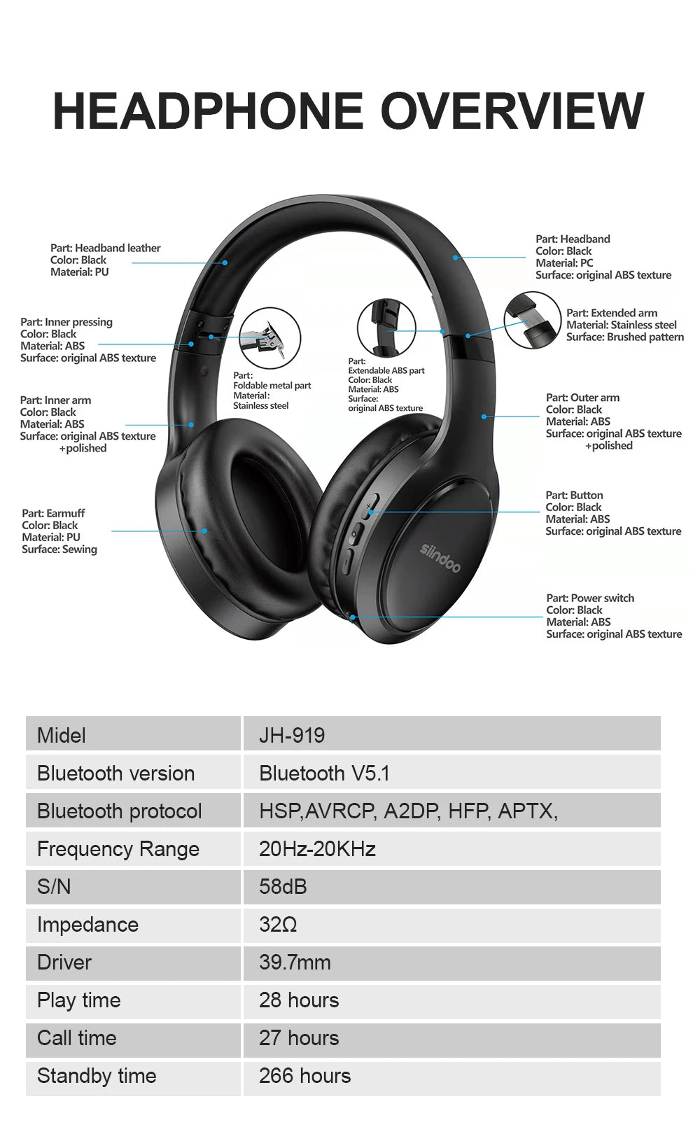 Siindoo JH-919 Wireless Bluetooth Headphones Foldable Stereo Earphones Super Bass Noise Cancelling Mic For Iphone Laptop PC TV