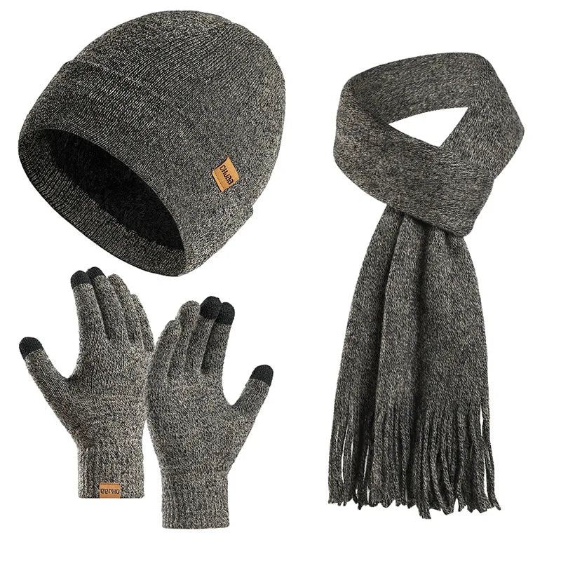 Fashion Plush Knitted Hat, Scarf, Gloves for Men and Women Winter Warm Woolen Yarn Three Piece Set Clothing Accessories Gift