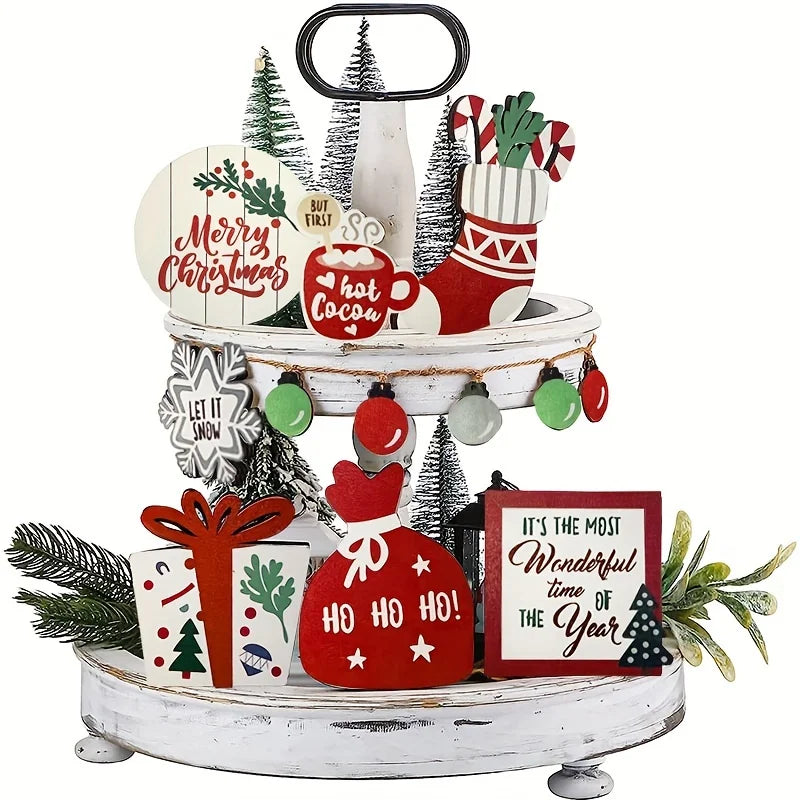 Christmas Tiered Tray Set – Wooden Farmhouse Decor with Bell, Coffee Cup, Snowflake Cookie, and Wooden Signs for Festive Holiday Styling