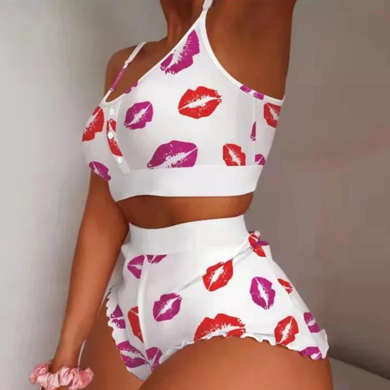 Summer 2-Piece Pajama Set Women Sleepwear Strawberry Printed Lace Sling Crop Tops and Shorts Home Clothes Loungewear Pijamas