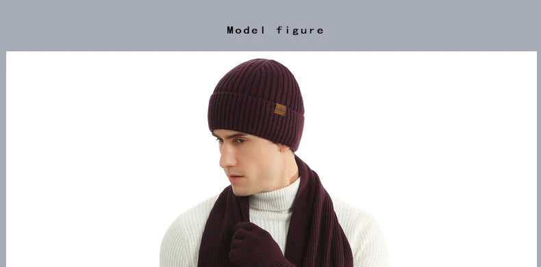 Men's Autumn Winter Keep Warm Set Beanie Gloves Scarf Male Woolen Yarn Knitted Muffler Spring Fall Hat Solid Color Neckerchief