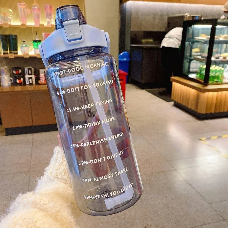 2L Sports Water Bottle Large Capacity Plastic Water Cup Portable Drink Bottle with Time Marker for Outdoor Sports Fitness Kettle