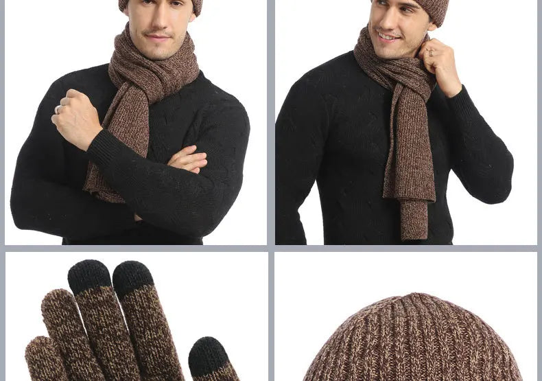 Men's Autumn Winter Keep Warm Set Beanie Gloves Scarf Male Woolen Yarn Knitted Muffler Spring Fall Hat Solid Color Neckerchief