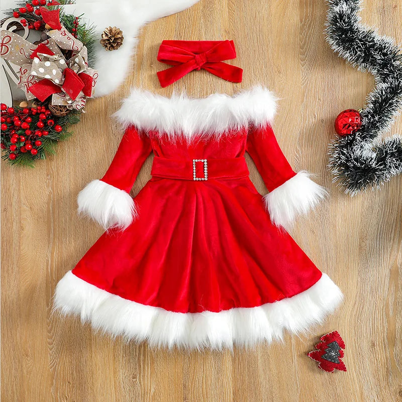 Christmas Dress for Girls (1-7Y) – Santa Claus-Inspired Red Princess Tulle Dress with Long Sleeves and Matching Headband"