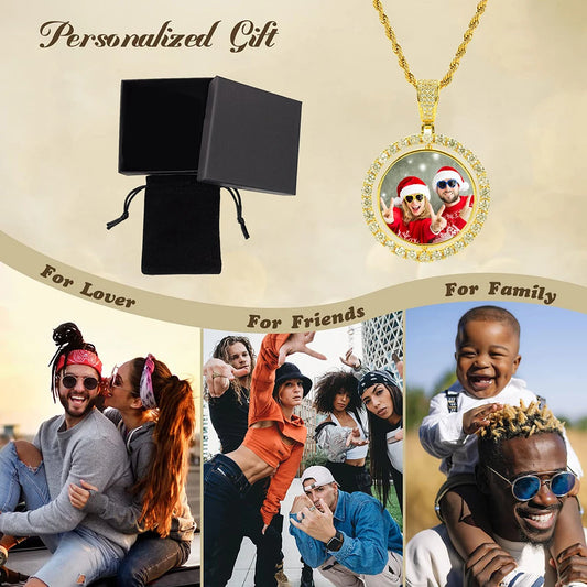Custom Rotating Double Sides Photo Medallions Pendant Necklace Iced out Circle Photo Chain Pendant Couple Valentine's Day gift