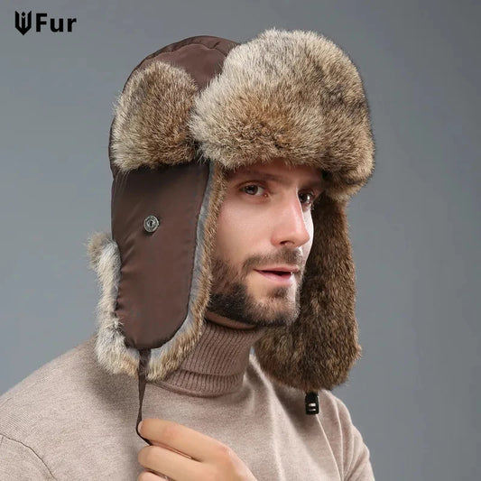 Men's & Women's Unisex Warm Trapper Aviator Ski Hat – Winter Bomber Cap with Earflaps, 100% Natural Real Rabbit Fur for Ultimate Warmth