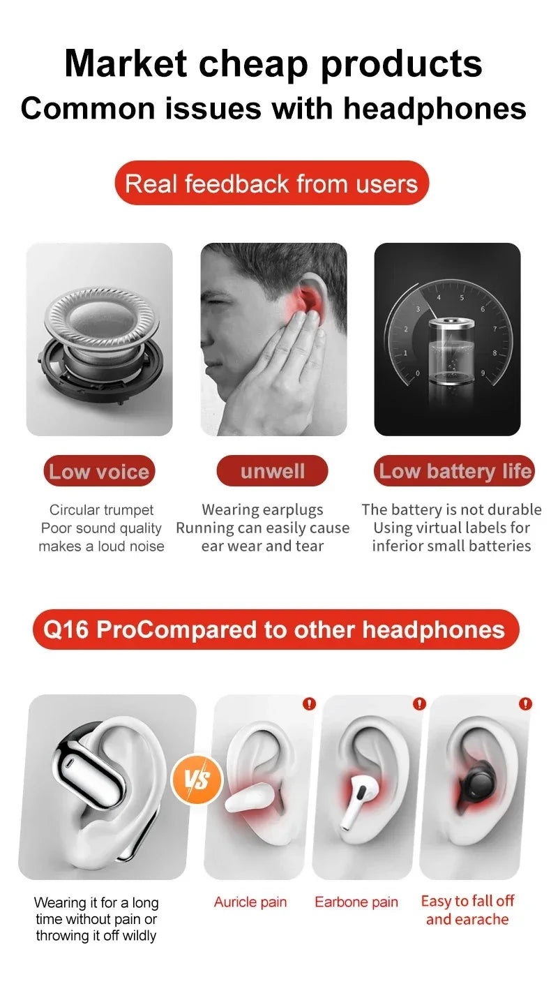 Q16Pro Headphones V5.4 Bluetooth Wireless Earphones Sports Noise Reduction Waterproof Earhooks Headset Intelligent Touch Screen