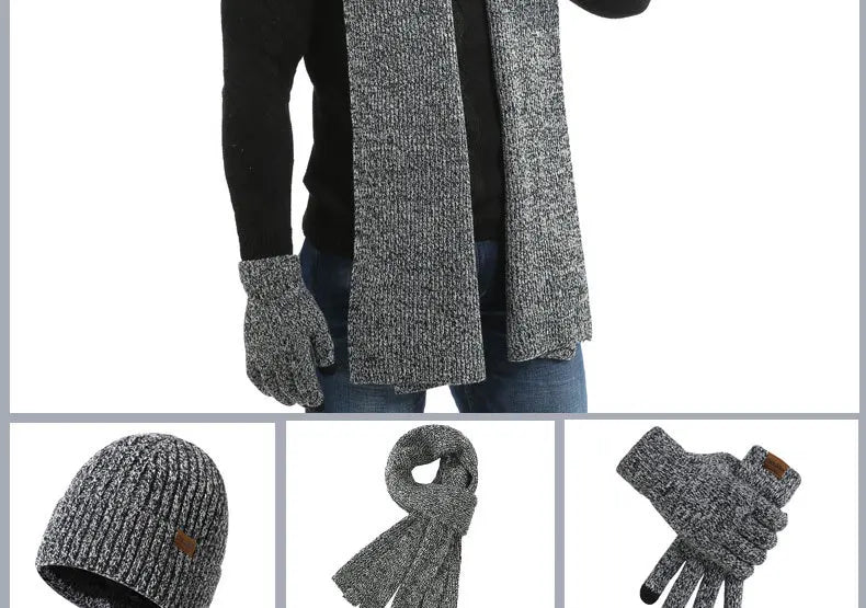 Men's Autumn Winter Keep Warm Set Beanie Gloves Scarf Male Woolen Yarn Knitted Muffler Spring Fall Hat Solid Color Neckerchief