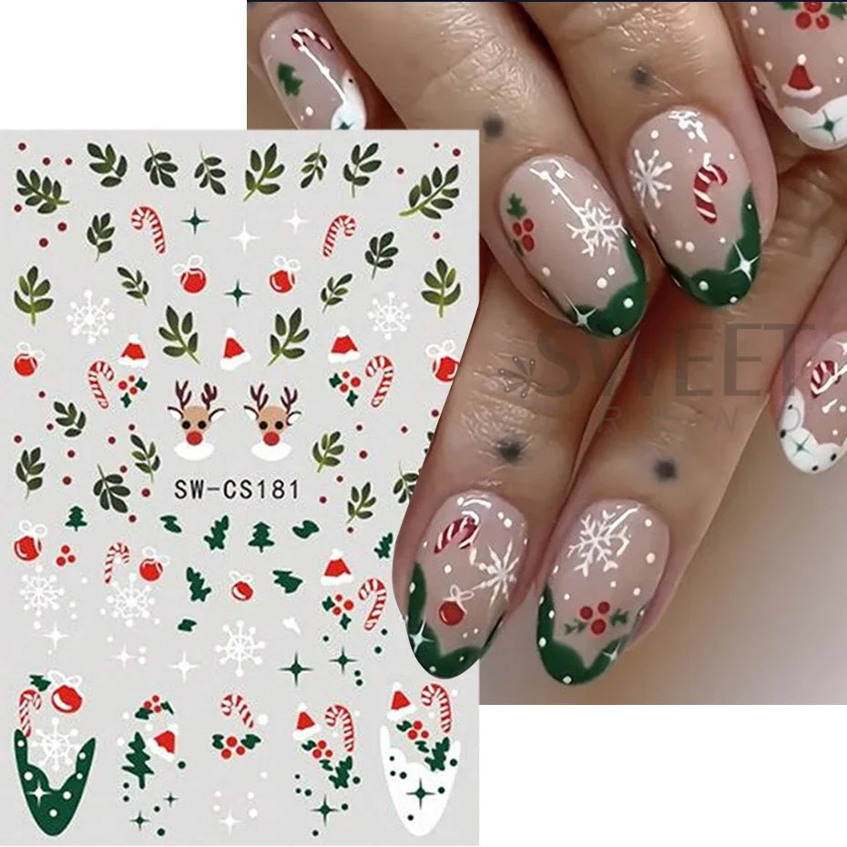 3D Christmas Snowman Nail Art Stickers – Snowflake and Green Leaves Self-Adhesive DIY Winter Decals for Festive Manicure Decoration