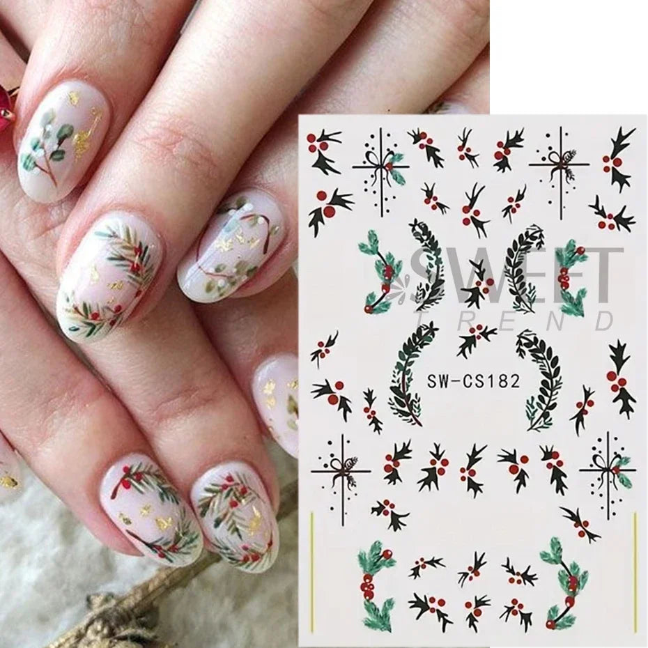 3D Christmas Snowman Nail Art Stickers – Snowflake and Green Leaves Self-Adhesive DIY Winter Decals for Festive Manicure Decoration