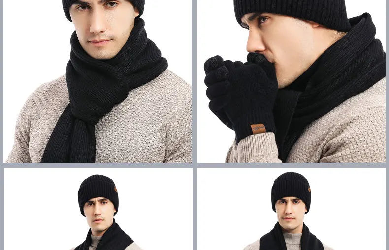 Men's Autumn Winter Keep Warm Set Beanie Gloves Scarf Male Woolen Yarn Knitted Muffler Spring Fall Hat Solid Color Neckerchief