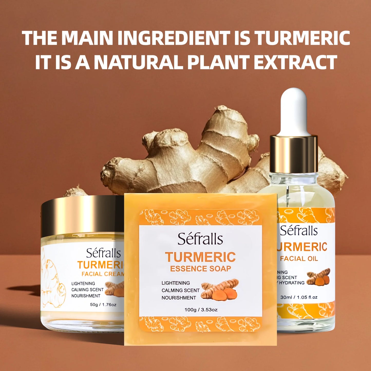 Séfralls Turmeric 3pcs Set (TURMERIC FACIAL CREAM TURMERIC ESSENCE SOAP TURMERIC FACIAL OIL) Plant Extract Cleaning Moisturising