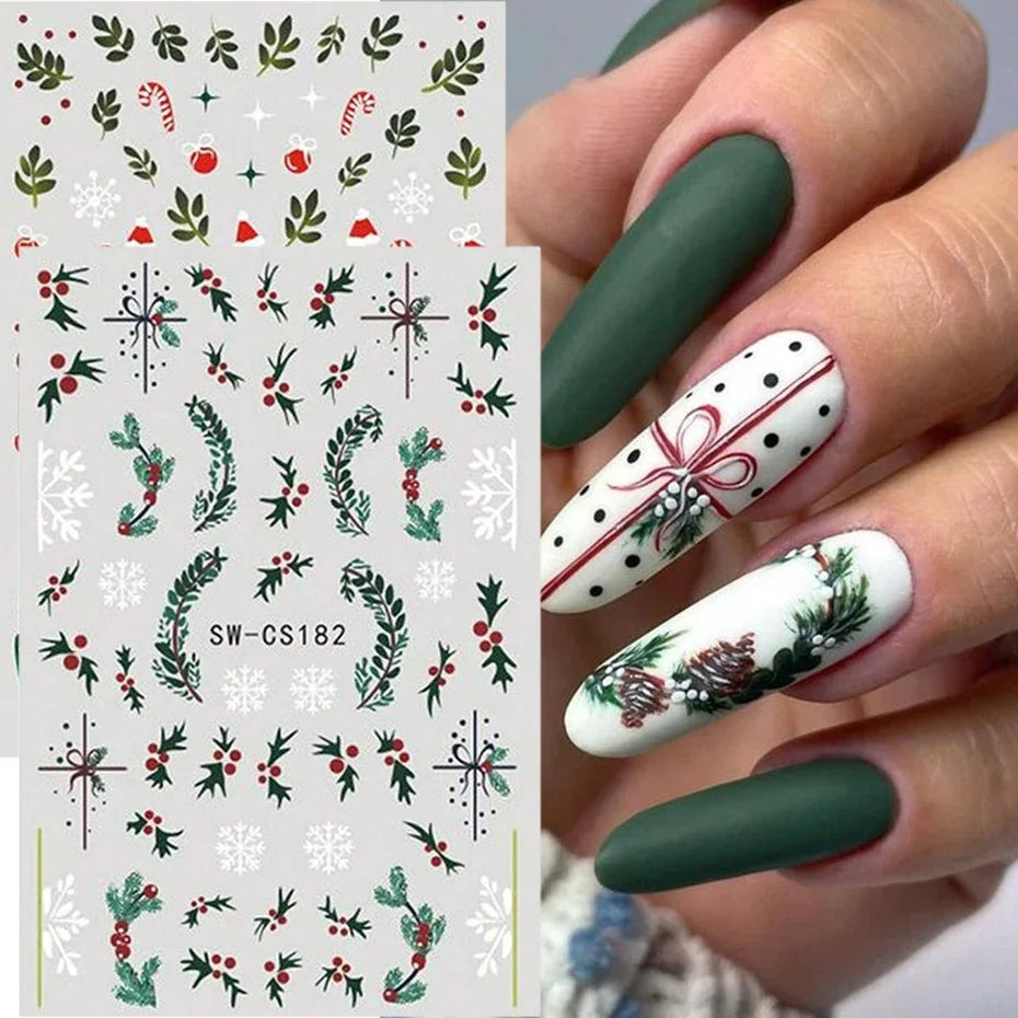 3D Christmas Snowman Nail Art Stickers – Snowflake and Green Leaves Self-Adhesive DIY Winter Decals for Festive Manicure Decoration