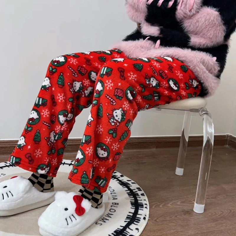 Hello Kitty Christmas Pajamas Pants – 2024 New Flannel Anime Sanrio Design, Cozy Winter Casual Trousers for Men and Women, Loose-Fit Home Pajamas