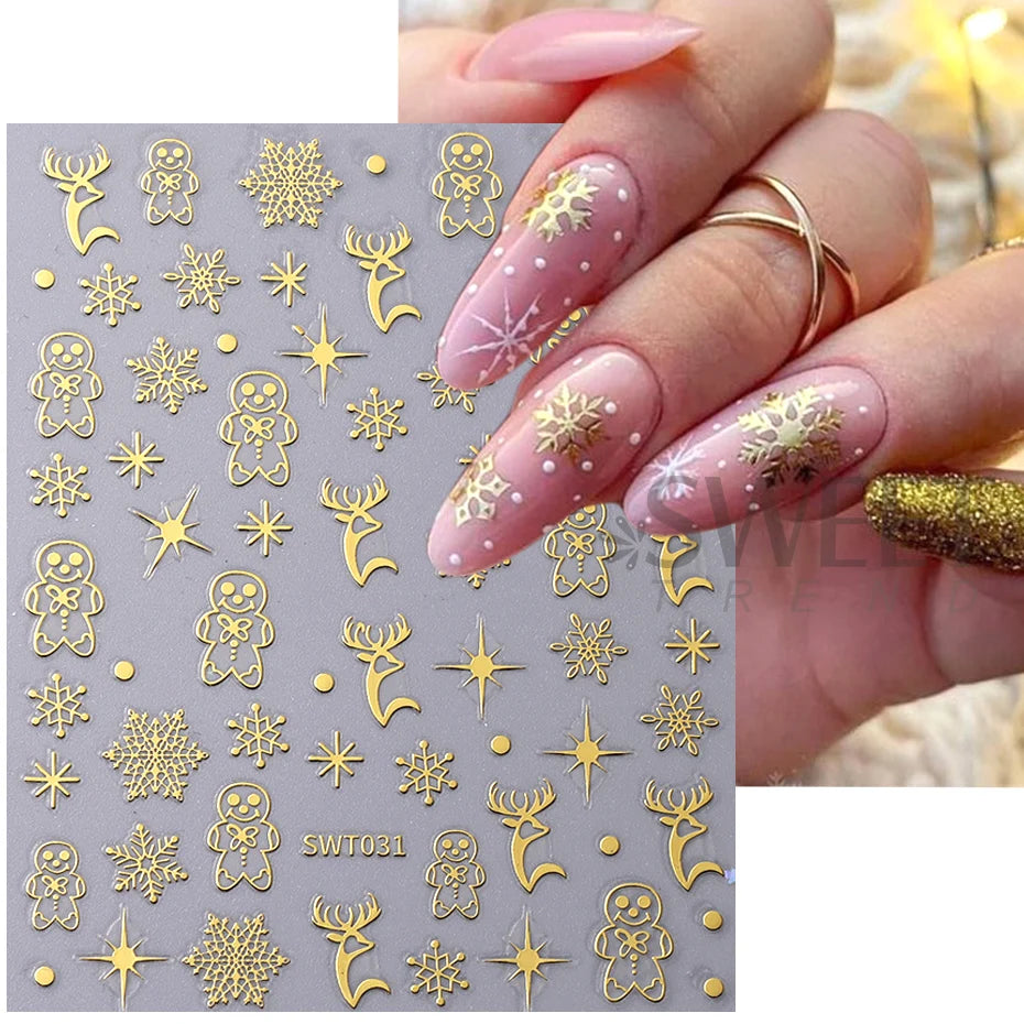 3D Rose Gold Christmas Nail Art Stickers Metallic Elk Snowflake Cookie Man Stars Geometric Lines Winter Xmas New Year Decoration