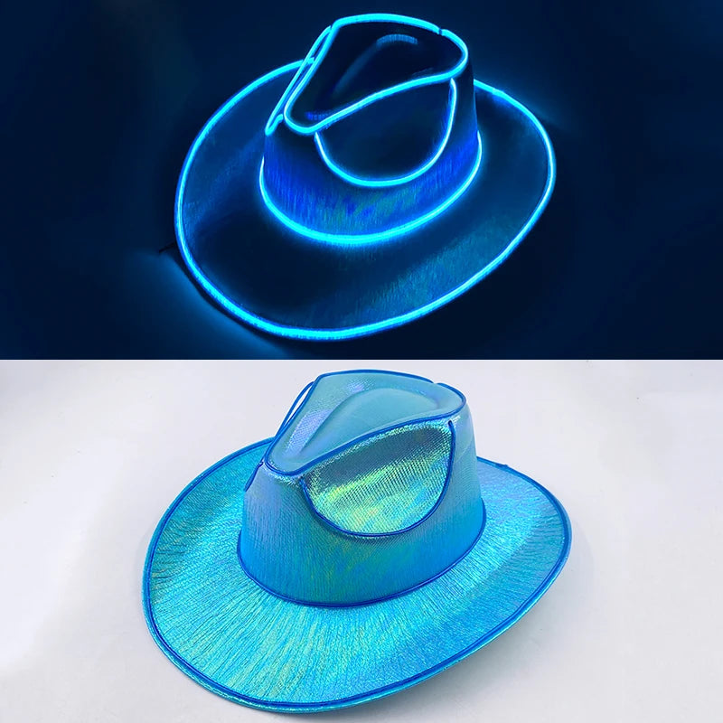 Hot Cowgirl Hat Men and Women's EL Wire Glow Cowboy Hat Wedding Party Supplies Glowing Jazz Hat Stage Shining Caps Photo Props