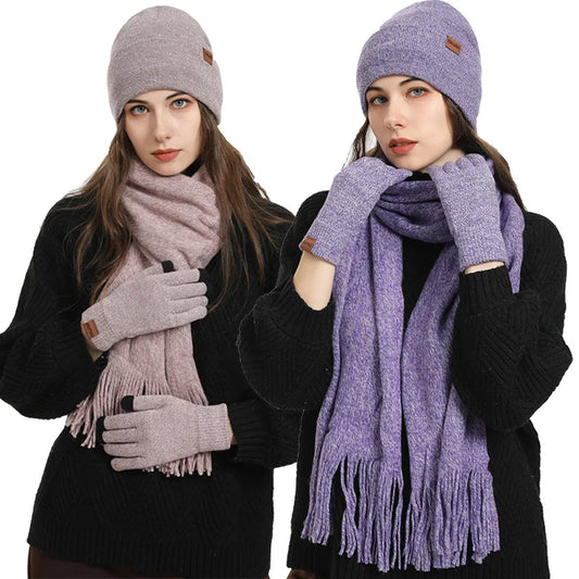 Fashion Plush Knitted Hat, Scarf, Gloves for Men and Women Winter Warm Woolen Yarn Three Piece Set Clothing Accessories Gift