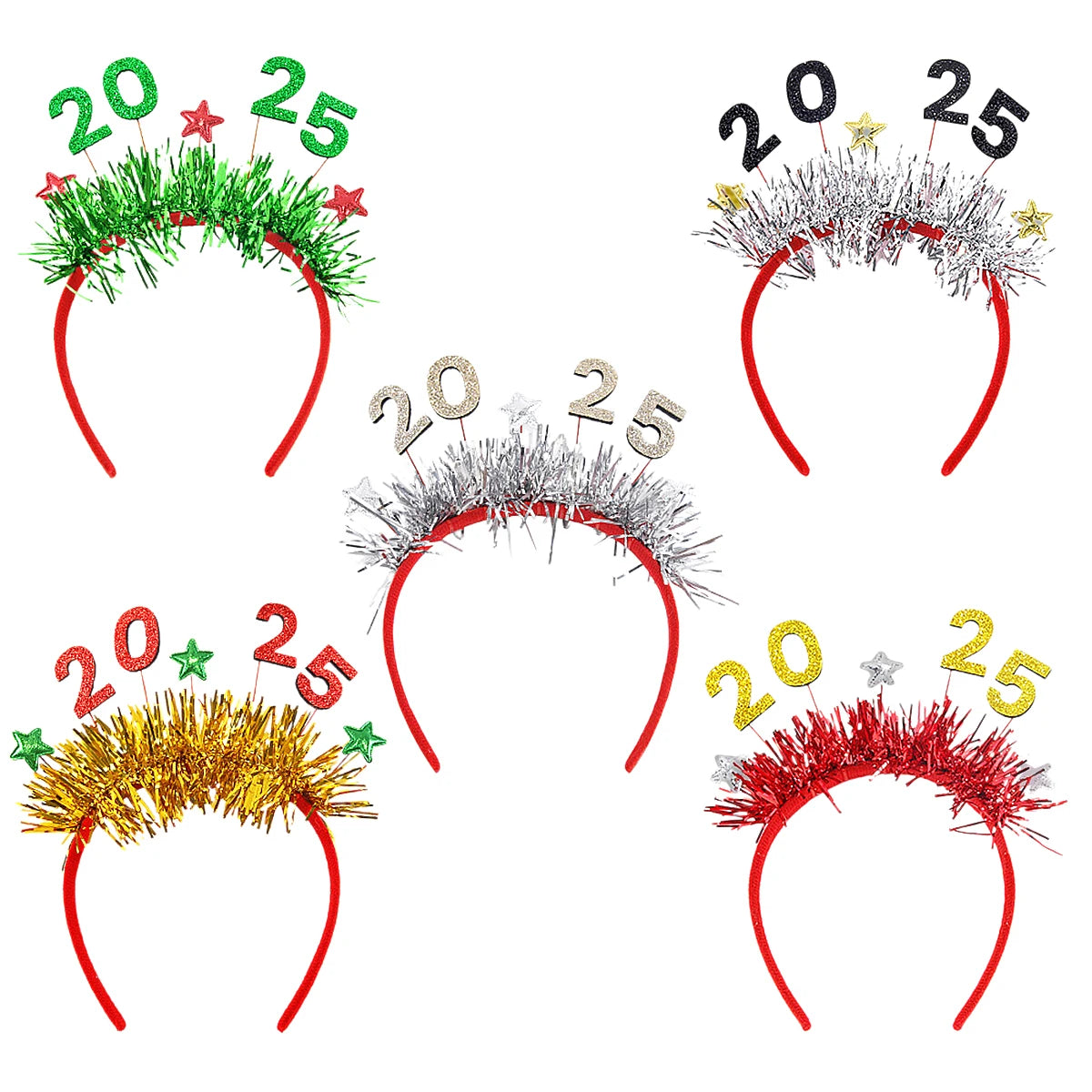 5Pcs Happy New Year Headbands Golden Silver Glitter Sparkles Headwear for 2025 Christmas New Year Eve Birthday Party Supplies