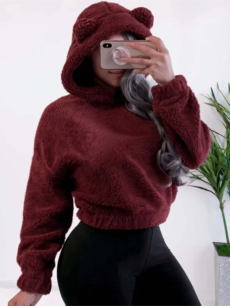 Autumn & Winter Bear Ears Hooded Sweatshirt – Solid Color Plush, Long-Sleeved, Loose-Fit Casual Pullover for Women, Trendy and Cozy