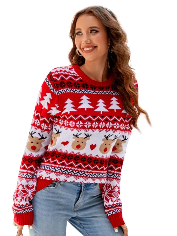 Christmas Knit Sweater for Women – New Autumn & Winter Collection, O-Neck Long Sleeve Printed Pullover, Stylish Casual Knitted Top for the Holiday Season