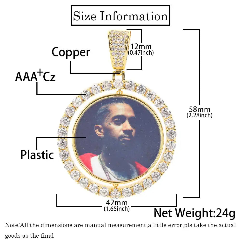 Custom Rotating Double Sides Photo Medallions Pendant Necklace Iced out Circle Photo Chain Pendant Couple Valentine's Day gift