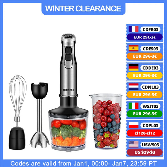 BioloMix 4 in 1 High Power 1200W Immersion Hand Stick Blender Mixer Includes Chopper and Smoothie Cup Stainless Steel Ice Blades